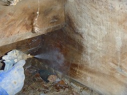 法専寺の本堂の床下土台にできたシロアリ蟻道部分の薬剤処理中です。